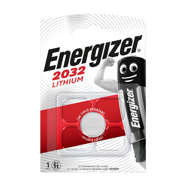 The packaging for the Energizer CR2032 Lithium Coin Cell Battery (1 Pack) features a black and red design, highlighting a smiling battery character flexing a bicep beside the logo. This child-resistant battery is perfect for powering smart electronics.