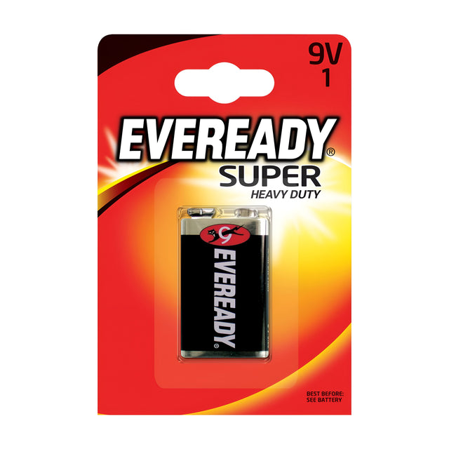 The packaging of the Eveready 9V Super Zinc Heavy Duty Battery (1 Pack) boasts a striking design, characterized by a red and yellow background. The prominent display of the Eveready logo on the black battery highlights its powerful performance as a super zinc power source.