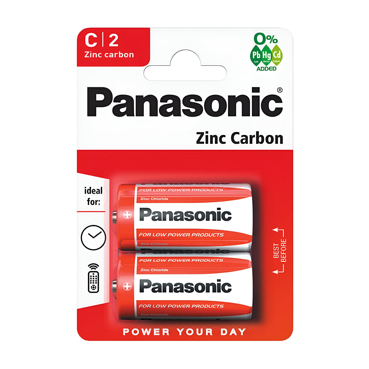 The Panasonic C Size L14 Zinc Batteries (2 Pack) comes in packaging with two units, advertised as perfect for low-drain energy devices. The design features a color scheme of red, white, and black, with the phrase "Power Your Day" at the bottom.