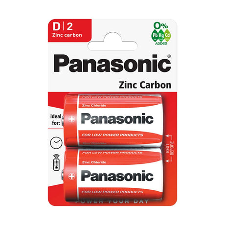 Panasonic Zinc Carbon D Batteries (R20) - 2 Pack retail pack
