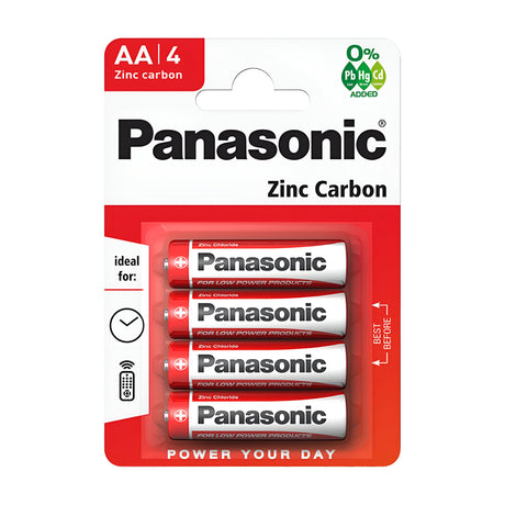 A pack of four Panasonic AA LR6 Zinc Batteries, with red and white packaging, is perfect for low-drain devices. These batteries utilize zinc-carbon technology, ensuring they are free from lead, mercury, and cadmium. The packaging invites you to Power Your Day with dependable energy for everyday use.