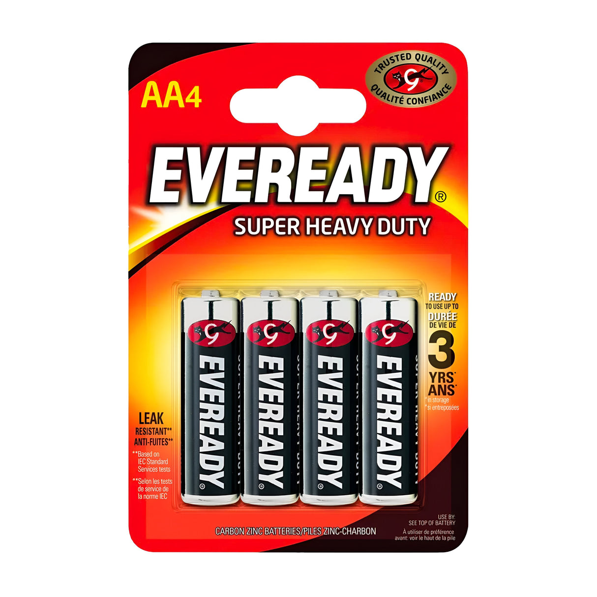 The Eveready AA Super Zinc Heavy Duty Batteries (4 Pack) are presented in vibrant red and black packaging, highlighting features such as leak resistance and a three-year shelf life. The trusted quality badge is prominently displayed in the top right corner, making these carbon zinc technology batteries perfect for low-drain devices.