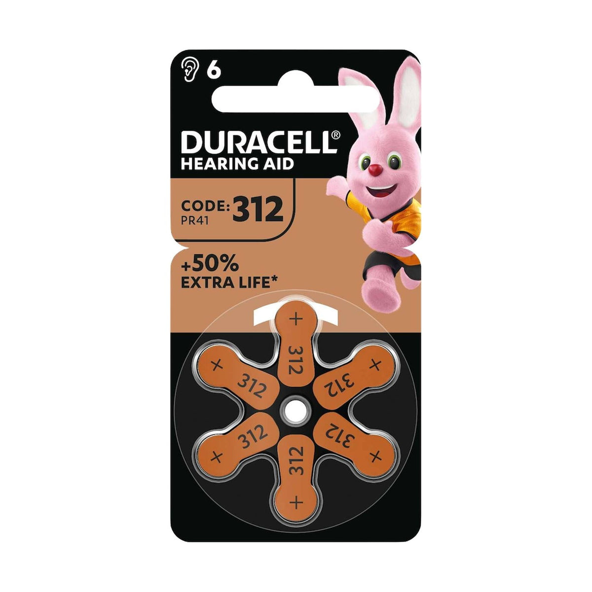 Duracell 312 Hearing Aid Batteries (PR41) - 6 Pack retail pack