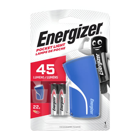 The packaging of the Energizer Pocket LED Torch 45 Lumen - Batteries Included presents a stylish blue flashlight along with two AA batteries. It emphasizes the 45 lumens for powerful and compact illumination, featuring an adorable cartoon battery character on top, making it both a handy light source and an entertaining companion.