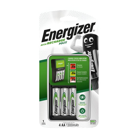 The Energizer Maxi Charger with 4xAA 1300mAh Batteries includes an eco-friendly design featuring a charge status indicator and displays the cheerful Energizer character on the top right corner of its packaging.