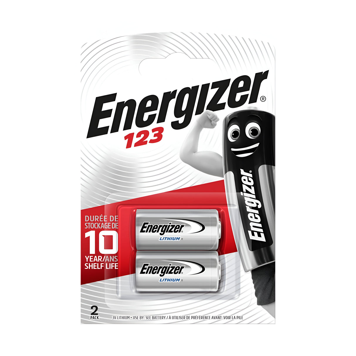 Package of Energizer CR123 Lithium Batteries (2 Pack) featuring two visible units. The packaging highlights a 10-year shelf life, ideal for high-performance electronics. A character resembling a battery flexes a bicep on the right side.