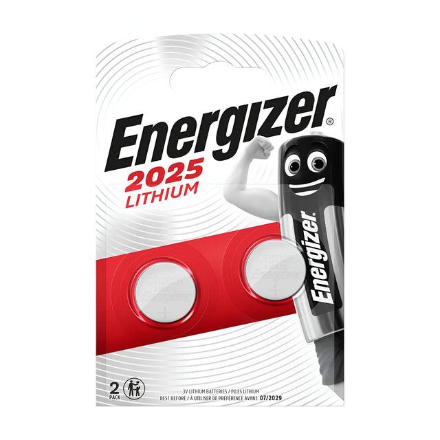 Two-pack of Energizer CR2025 Lithium Coin Cell Batteries. The packaging showcases a cartoon battery character flexing its arm next to the product name, highlighting their remarkable power and compatibility with various devices.
