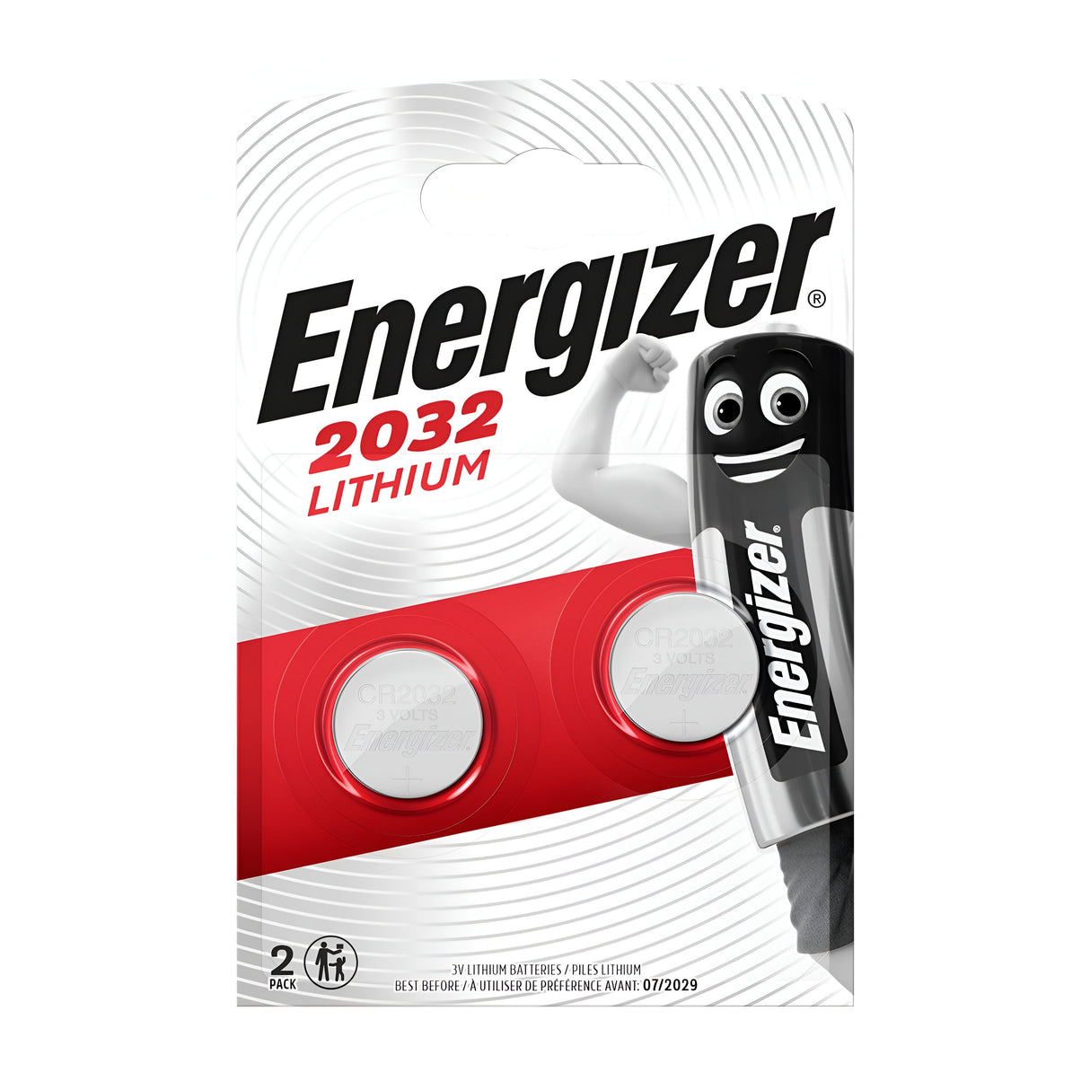 The packaging of the Energizer CR2032 Lithium Coin Cell Battery (2 Pack) features two batteries along with a cartoon battery character flexing an arm. It highlights "Universal Compatibility" for essential devices and notes the expiration date as 07/2029.