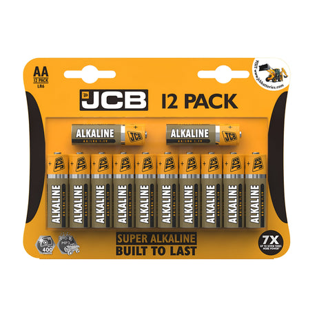 The 12-pack of JCB AA LR6 Super Alkaline Batteries is packaged in a design showcasing striking yellow and black colors with the JCB logo prominently displayed. It is ideal for both high and medium-drain appliances, with the package emphasizing "Built to Last," which indicates its high performance and durability.