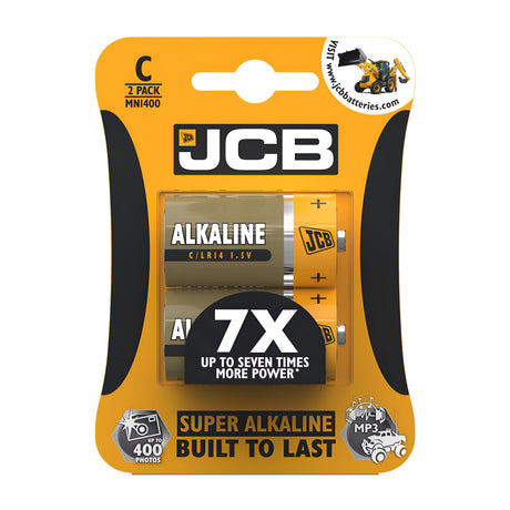 The packaging for the JCB C LR14 Super Alkaline Batteries (2 Pack) emphasizes 7X more power, making them perfect for medium-drain devices. It includes icons indicating usage for up to 400 photos, MP3s, and toys. The design is primarily yellow and black with the high-performance JCB logo prominently displayed at the top.