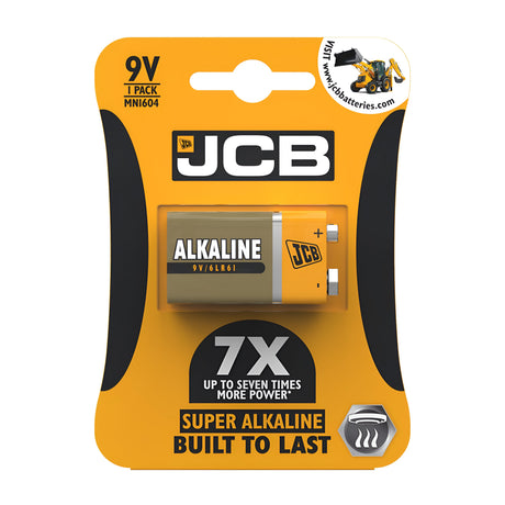 The JCB Super 9V PP3 6LR61 Alkaline Battery (1 Pack) comes in eye-catching black and orange packaging that highlights its capability to deliver 7X more power, making it ideal for high-drain devices. The design includes a transparent section showcasing the battery, with prominent JCB branding and website details visible.