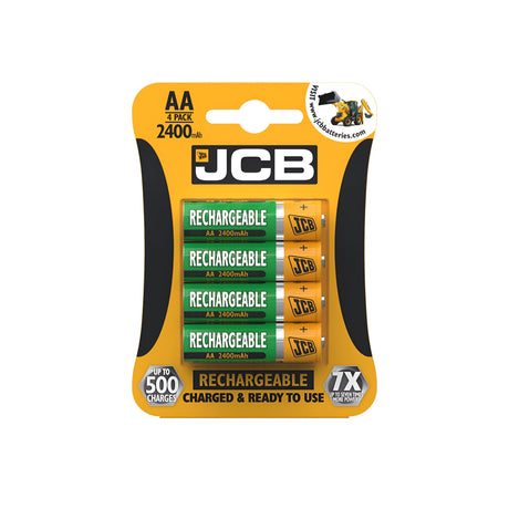 The JCB AA HR03 Rechargeable Batteries 2400mAh (4 Pack) come in sleek black packaging with distinctive yellow accents, revealing the batteries' vibrant green casings. These batteries are ideal for high-performance devices, offering up to 500 recharges.