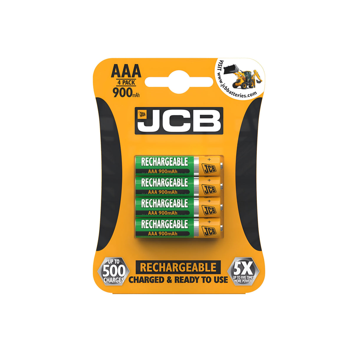 The JCB AAA HR03 Rechargeable Batteries 900mAh (4 Pack) includes four high-capacity cells perfect for high-drain devices, offering up to 500 charges each and ready for immediate use. The package showcases a bold orange design with black and white text.