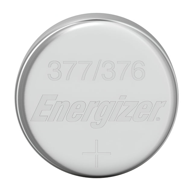 This lithium button cell battery from the Energizer 377/376 series, part of a convenient 10 pack, boasts a smooth, reflective silver appearance with an engraved positive symbol at the bottom. Its efficient and sleek design makes it ideal for compact devices.