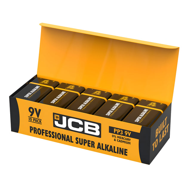 A pack featuring 10 JCB Industrial 9V PP3 Alkaline Batteries, perfect for industrial uses. The open packaging, with its distinctive orange and black design and bold text, highlights the advanced alkaline technology within.