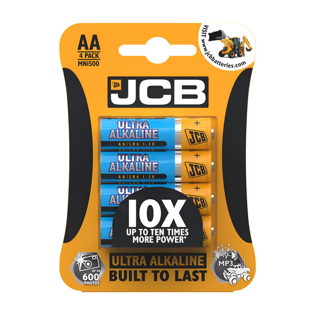 The JCB AA LR6 Ultra Alkaline Batteries (4 Pack), in striking orange and black packaging, deliver reliable energy. These batteries provide premium performance with up to 10 times more power, ideal for devices like cameras, MP3 players, and more.