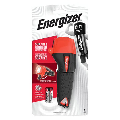 The packaging of the Energize Rubber LED Torch 125 Lumen - Batteries Included showcases a striking black and red design with LED technology. The text emphasizes its durable rubber construction, non-slip handle, and convenient folding stand, while a playful animated battery character decorates the top right corner.