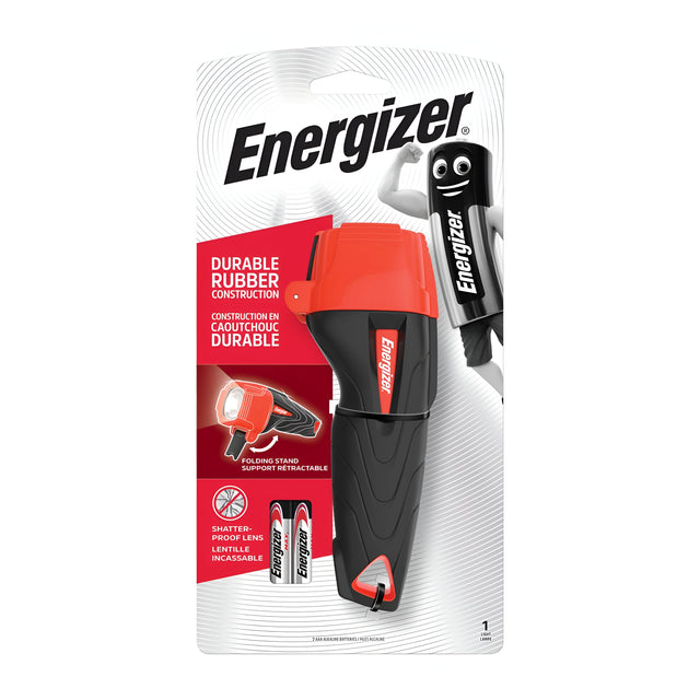 Packaging of an Energizer Rubber LED Torch featuring a foldable stand, shatterproof lens, and durable rubber construction. The weatherproof design delivers 100 lumens brightness and includes two batteries. The package also showcases the iconic cartoon battery mascot.