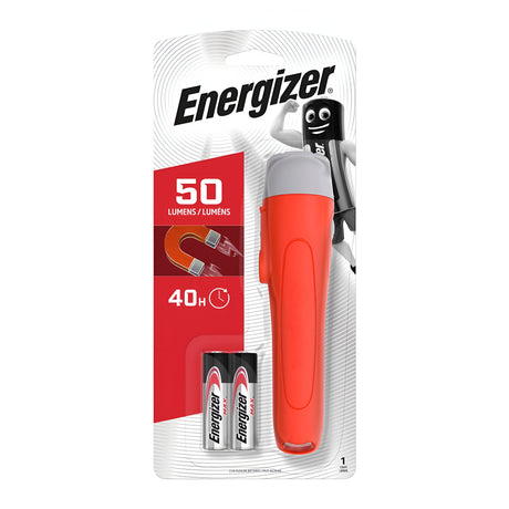 The packaging of the Energizer Magnetic LED Torch 50 Lumen - Batteries Included highlights a red flashlight known for its powerful 50-lumen illumination and remarkable battery life of up to 40 hours. It comes with two AA batteries, and features the iconic Energizer character prominently in the background.