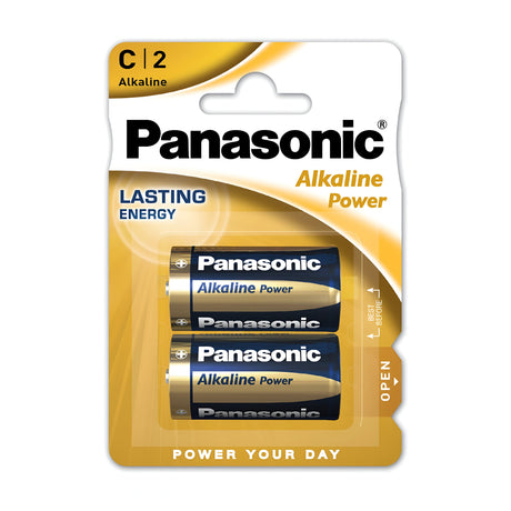 Package of Panasonic C Size LR14 Alkaline Power Batteries, ideal for medium to high-drain devices. This two-pack of environmentally-conscious batteries provides lasting energy with a vibrant yellow design and prominently features the motto "Power Your Day" at the bottom.