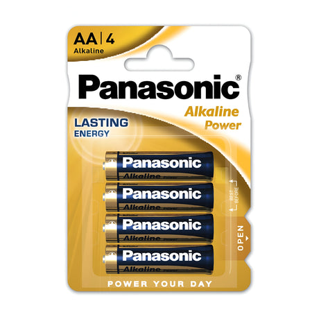 A set of Panasonic AA LR6 Alkaline Power Batteries (4 Pack) provides dependable, long-lasting energy. The eco-friendly packaging emphasizes "Lasting Energy," with the tagline "Power Your Day" prominently displayed at the bottom. These AA batteries are neatly aligned horizontally in a transparent plastic casing.