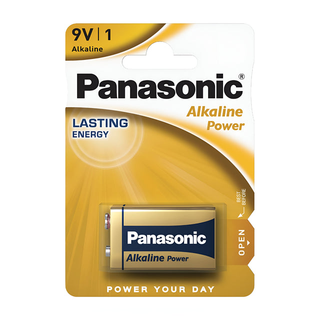 The packaging of the Panasonic 9V PP3 Alkaline Power Batteries (1 Pack) boasts an elegant gold and white design, featuring the labels "Lasting Energy" and "Power Your Day." Ideal for everyday appliances, this battery offers outstanding performance, with clear text emphasizing its Alkaline Power.