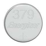 The Energizer 379 Silver Oxide Button Cell Battery has the number 379 engraved on the top, along with a small plus sign that clearly indicates its polarity.