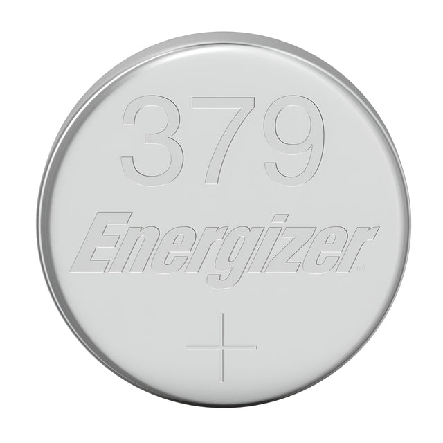 The Energizer 379 Silver Oxide Button Cell Battery has the number 379 engraved on the top, along with a small plus sign that clearly indicates its polarity.