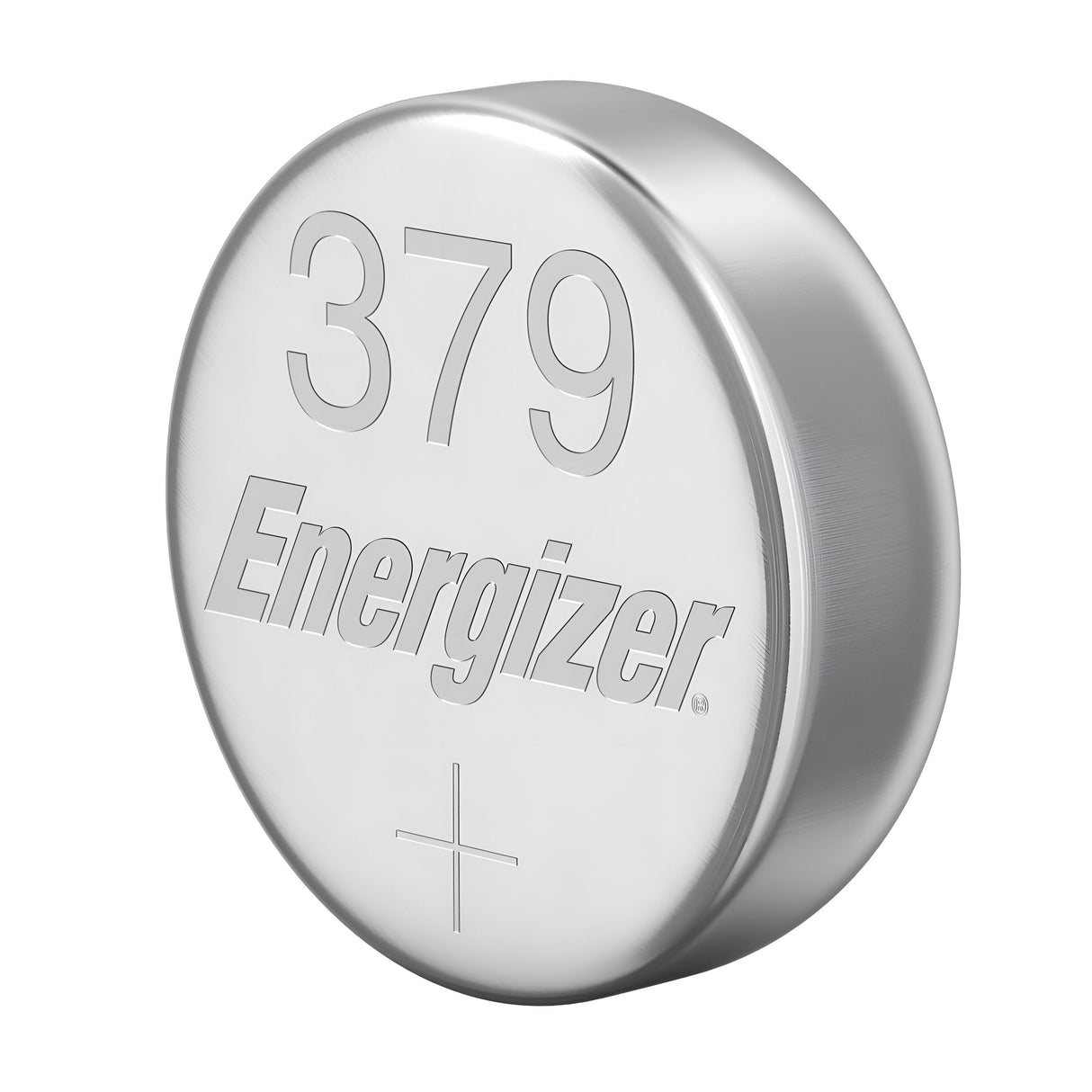 Close-up of an Energizer 379 silver oxide button cell battery with a plus symbol to indicate its polarity, featuring a metallic and reflective surface.