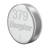 Close-up of an Energizer 379 silver oxide button cell battery with a plus symbol to indicate its polarity, featuring a metallic and reflective surface.