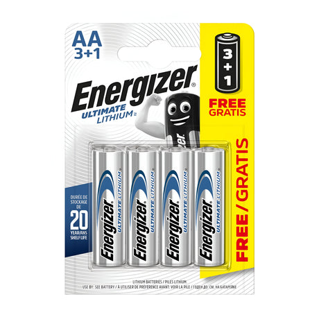 Get the Energizer Ultimate AA L91 Lithium Batteries (3+1 Pack), adorned with a fun cartoon battery character. Take advantage of the 3 + 1 Free deal and enjoy unrivaled, long-lasting power with up to a 20-year shelf life, as emphasized on the packaging.