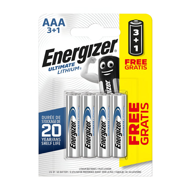 The packaging of Energizer Ultimate AAA LR03 Lithium Batteries (3+1 Pack) features a design that emphasizes leak-proof construction. It includes three batteries with one additional bonus battery, making a total of four. The package also displays a small battery character peeking out and highlights both the 20-year shelf life and the Free Gratis offer.