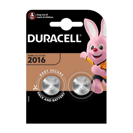 The Duracell CR2016 Lithium Coin Cell Batteries (2 Pack) offers two dependable batteries ideal for compact electronics. The packaging features the well-known pink bunny mascot and highlights child safety with a warning prominently displayed in the upper left corner to keep out of reach of children.