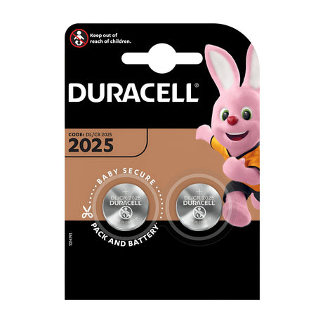 A package of Duracell CR2025 Lithium Coin Cell Batteries (2 Pack) showcases the classic Duracell bunny and highlights its long-lasting power. It also features a Baby Secure label with a caution to keep away from children.