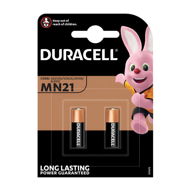 The packaging of the Duracell MN21 Alkaline Batteries (2 Pack) displays two batteries with the distinctive Duracell logo and pink bunny mascot prominently on the right. With Duralock Power Preserve technology, this pack promises extended power life, as emphasized by the "Long Lasting Power Guaranteed" message at the bottom.