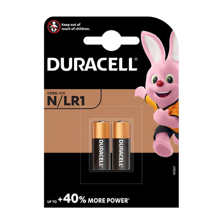 The packaging of the Duracell N/LR1 Alkaline Batteries (2 Pack) showcases a pink rabbit mascot on the right side. Emphasizing 40% more power, these Specialty batteries from Duracell also incorporate the Duralock Power Preserve technology for extended use in high-performance devices. Safety warning: keep out of reach of children.