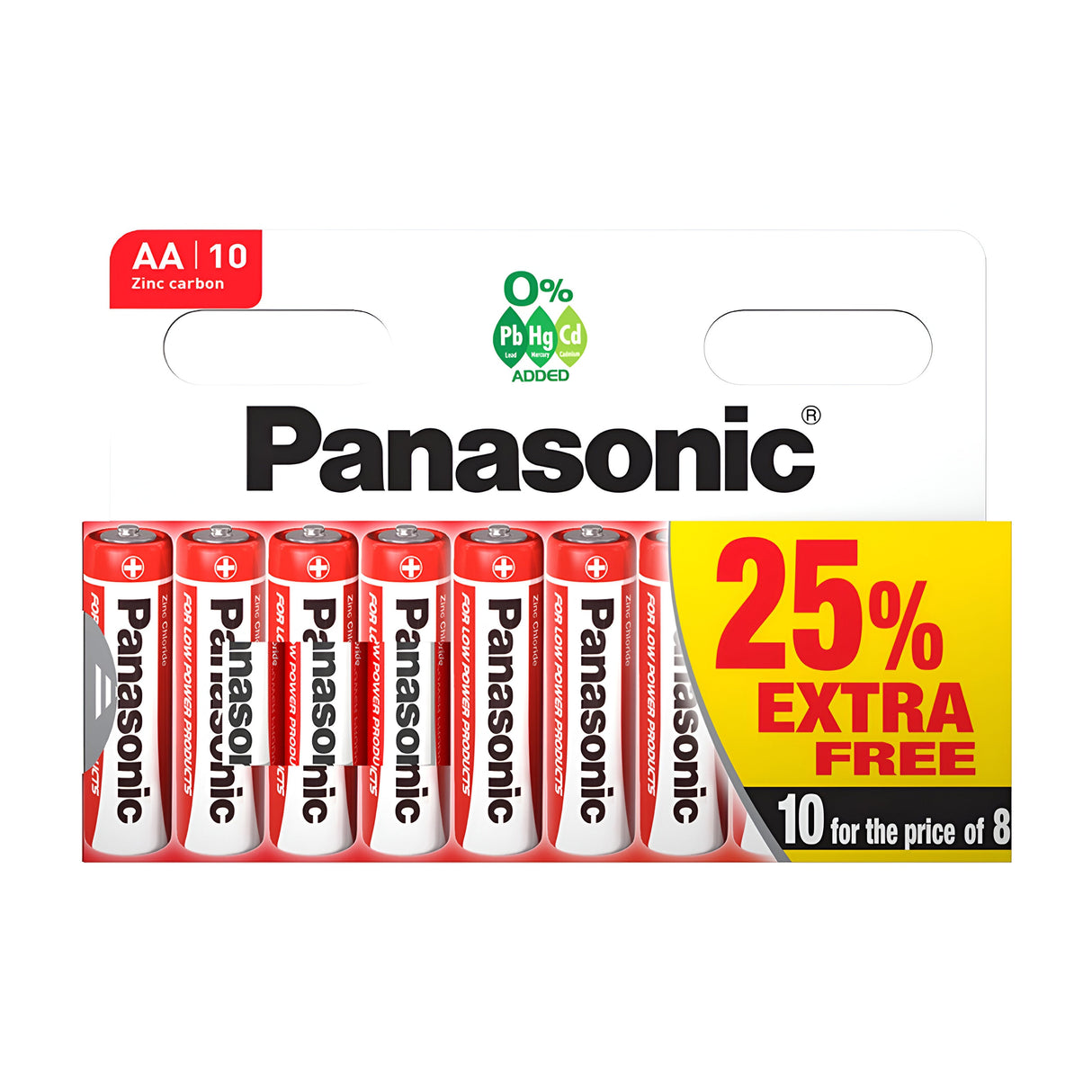 The Panasonic AA LR6 Zinc Batteries (10 Pack) are showcased as ideal for low-drain devices. The packaging features a "25% Extra Free" offer, promoting "10 for the Price of 8." Additionally, the design highlights an environmentally friendly approach with 0% Pb, Hg, and Cd added.