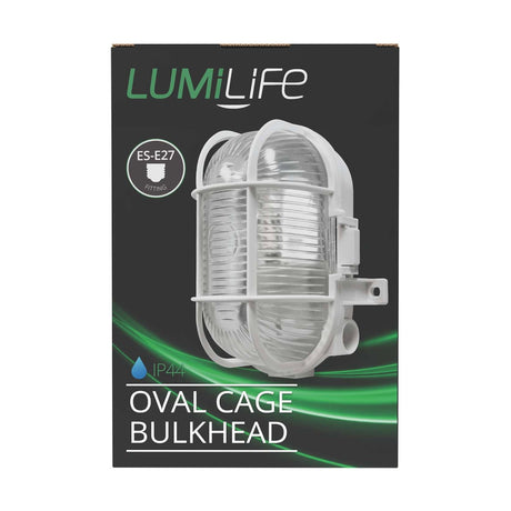60W IP44 Oval Cage Bulkhead - Black retail pack