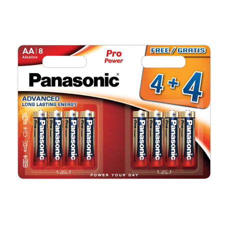 Package of Panasonic AA LR6 Alkaline Pro Power Batteries (4+4 Pack), designed to deliver advanced, long-lasting energy. The packaging includes icons for various compatible devices, featuring a 4+4 Free/Gratis offer.