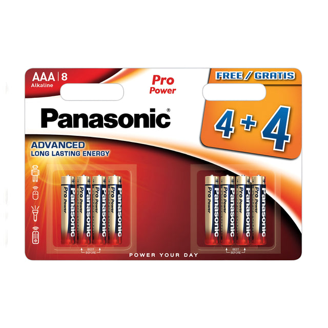 The Panasonic AAA LR03 Alkaline Pro Power Batteries (4+4 Pack) are showcased, presenting a total of 8 batteries with a special 4 + 4 free offer. The vibrant red and orange background emphasizes superior performance and Advanced Long Lasting Energy.