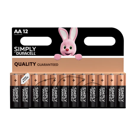 A pack of 12 Duracell Simply AA LR6 Alkaline Batteries, ideal for everyday devices, features a pink bunny mascot at the top. The stylish black and copper packaging proudly displays "Quality Guaranteed," ensuring you select dependable alkaline batteries for all your needs.