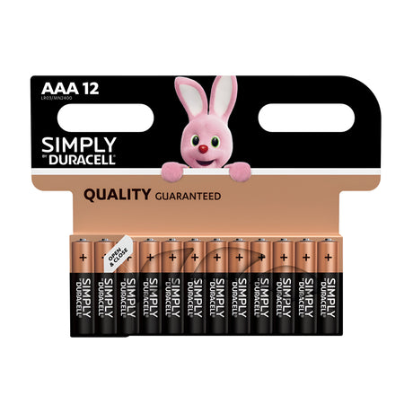 A 12-pack of Duracell Simply AAA LR03 Alkaline Batteries is showcased, featuring the Duracell bunny at the top of the packaging and highlighting their Quality Guaranteed promise, making them perfect for powering everyday devices.