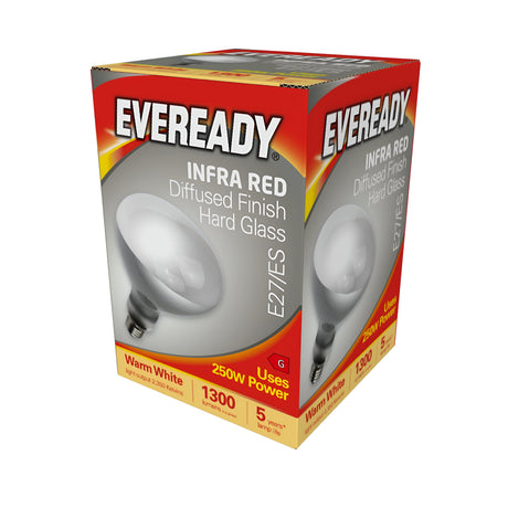 A red and yellow Eveready box displays an Eveready Infra Red Non-dimmable Heater Bulb with hard glass and a diffused finish. It comes with an E27 base, offers 250 watts of power, and produces warm white light at 1300 lumens. The packaging highlights a warm white temperature of 2700K and promises a 5-year lifespan.