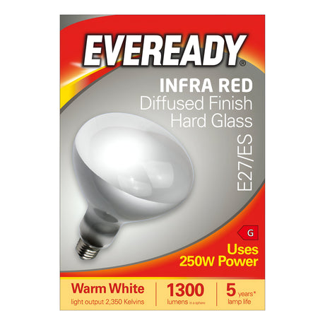 The Eveready Infra Red Non-dimmable Heater Bulb emits a warm white light at 2700 Kelvins using 250W, featuring a diffused finish and hard glass. With a brightness of 1300 lumens and a lifespan of 5 years, this bulb easily fits E27/ES sockets to provide reliable, long-lasting warmth.