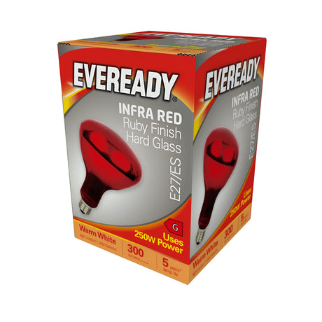 A 3D-rendered image displays a box of Eveready Infra Red Non-dimmable Heater Bulb featuring a striking ruby finish. The packaging emphasizes key features such as a 250W incandescent heater bulb, an E27 base, a warm white light at 2000K, and a 5-year guarantee. The design is an eye-catching blend of red and orange with crisp white text.