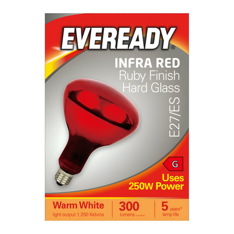 This Eveready Infra Red Non-dimmable Heater Bulb, featuring a ruby finish and crafted from hard glass, uses 250W of power to emit warm white light at 300 lumens. It is designed for longevity with a lifespan of 5 years and comes equipped with an E27 base.