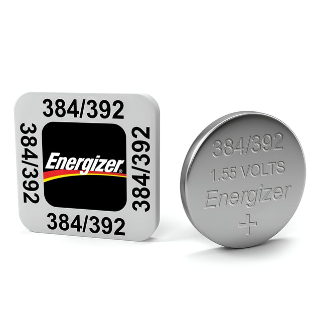 Two small Energizer Lithium Button Cell Batteries: one in packaging labeled 384/392, alongside a round silver battery marked with the same numbers and 1.55 volts. The packaging sports the Energizer logo on a sleek black background, ensuring reliable power for your devices.
