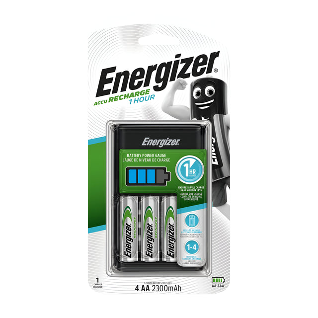 The Energizer Battery Charger comes with four AA 2300mAh rechargeable batteries, offering a swift charge time of one hour and compatibility with worldwide voltage. The packaging displays a battery power gauge illustration alongside the smiling Energizer mascot.