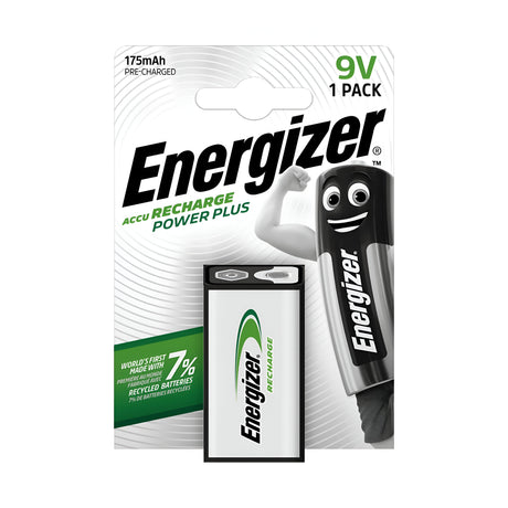 The packaging of the Energizer Power Plus 9V PP3 Rechargeable Battery 175mAh (1 Pack) features a cheerful battery character with arms. It highlights that the battery is pre-charged and made using 7% recycled batteries.