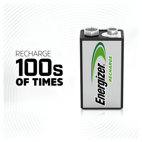 A rectangular Energizer Power Plus 9V PP3 rechargeable battery with green and black branding is on the right. To the left, bold text reads "RECHARGE 100s OF TIMES" against a subtle circular-lined background, emphasizing its long-lasting 175mAh power.